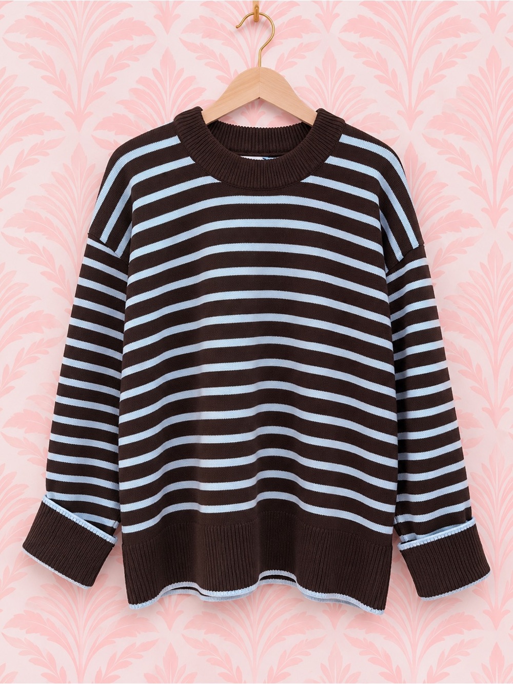 Addison Bay Brown & Light Blue Striped Crewneck Sweater